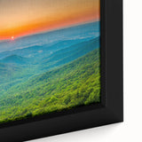 Framed canvas of the Blue Ridge Mountains in textured, colorful art, ideal for large living room walls.