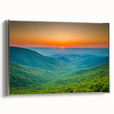 Framed canvas featuring a Blue Ridge landscape in muted green and blue tones.