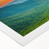 Art deco poster of Blue Ridge scenery in muted blue and green tones on rolled canvas, suited for dining room wall art.