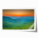Blue Ridge mountain landscape in muted green and blue tones on a rolled canvas, ideal for art wall dining room.
