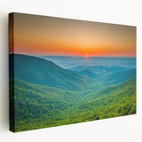 Blue Ridge Mountains landscape on stretched canvas, with muted earth tones, suitable for kitchen wall art.