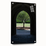 Acrylic print of Durham, North Carolina skyline in muted blue and gray tones, suitable for bedroom or dining room wall art.