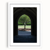 Abstract art print of Durham, North Carolina in muted gray and blue tones on a framed white mat.