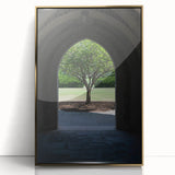 Mid-century modernist art of Durham, North Carolina skyline in gold and blue tones on a framed acrylic.