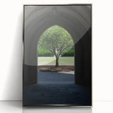 Mid-century modernist art depicting Durham, North Carolina skyline in muted gray tones on a silver-framed acrylic print.