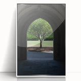 Acrylic print of Durham, North Carolina skyline in art deco style with muted blue and gray tones.