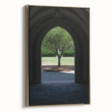 Framed canvas wall art depicting a vintage-style Durham, North Carolina landscape in black and gold tones.