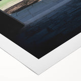 Art deco poster of Durham, North Carolina skyline in muted gray and blue tones on rolled canvas.