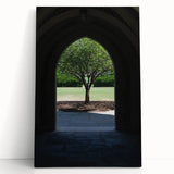 Black and white stretched canvas depicting the Durham, North Carolina skyline, ideal for kitchen wall art.