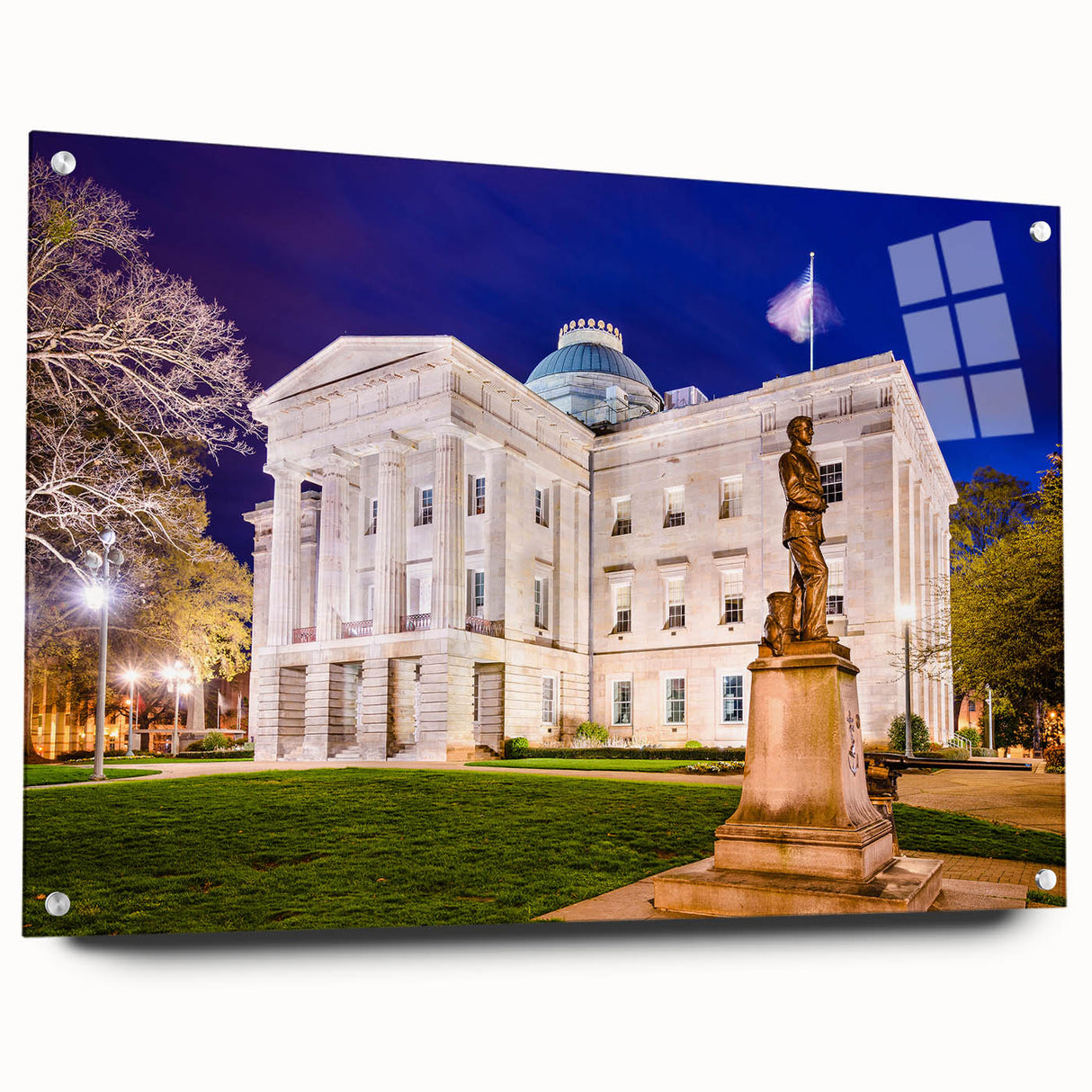 Acrylic print of a large abstract depiction of Raleigh, North Carolina, in vibrant blue and green tones.