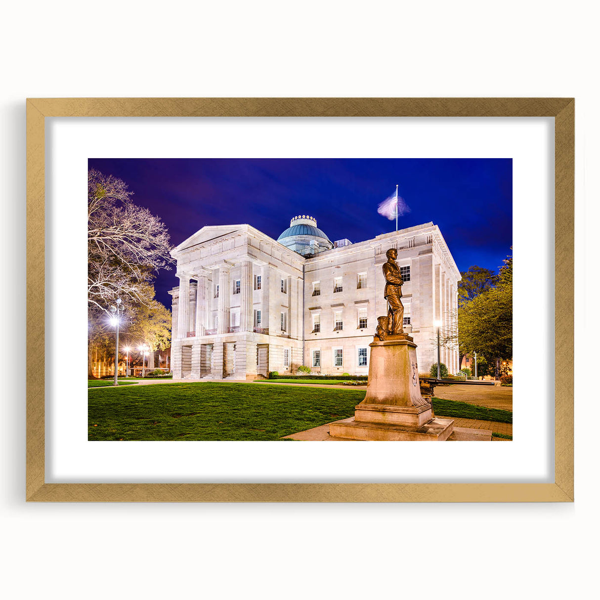 Extra large textured abstract art print of Raleigh skyline in muted earth tones on a framed canvas.