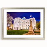 Textured abstract art print of Raleigh skyline in silver frame, ideal for bedroom art.