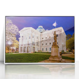 Acrylic print of Raleigh skyline in art deco style, with muted pastel shades, ideal for modern nursery wall art.