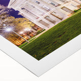 Art deco poster of Raleigh skyline in muted gold and teal tones on rolled canvas, suitable for dining room wall art.