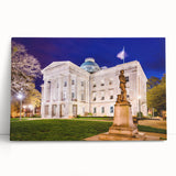 Black and white stretched canvas of Raleigh skyline, ideal for kitchen wall art or bedroom ambiance.