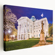 Raleigh, North Carolina cityscape on large stretched canvas with muted blue and green tones, suited for kitchen wall art.