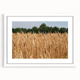 Abstract art print of North Dakota scenery in muted earth tones on a white framed mat, suitable for dining room decor.