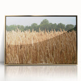 Large art print of a North Dakota scenery in mid-century modernist style, framed in gold acrylic.
