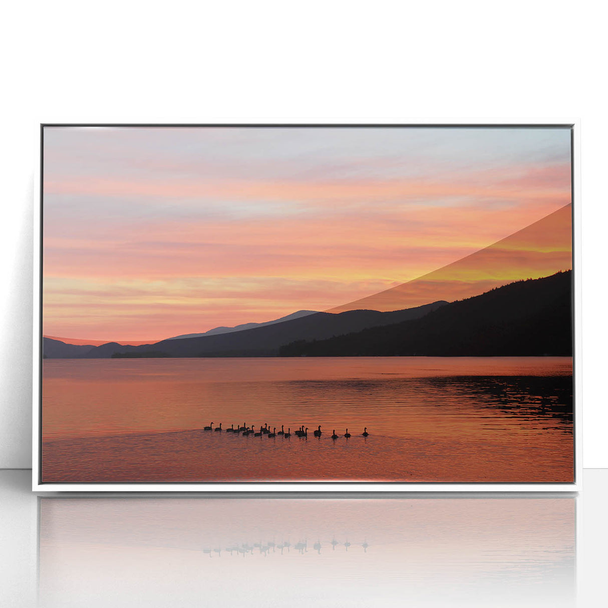Acrylic print of Adirondack scenery in muted green and blue tones, framed in white, suitable for modern nursery decor.