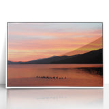 Acrylic print of Adirondack scenery in muted green and blue tones, framed in white, suitable for modern nursery decor.