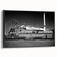 Black and white framed canvas of Coney Island landscape, perfect for bedroom decor, in a vintage poster art style.