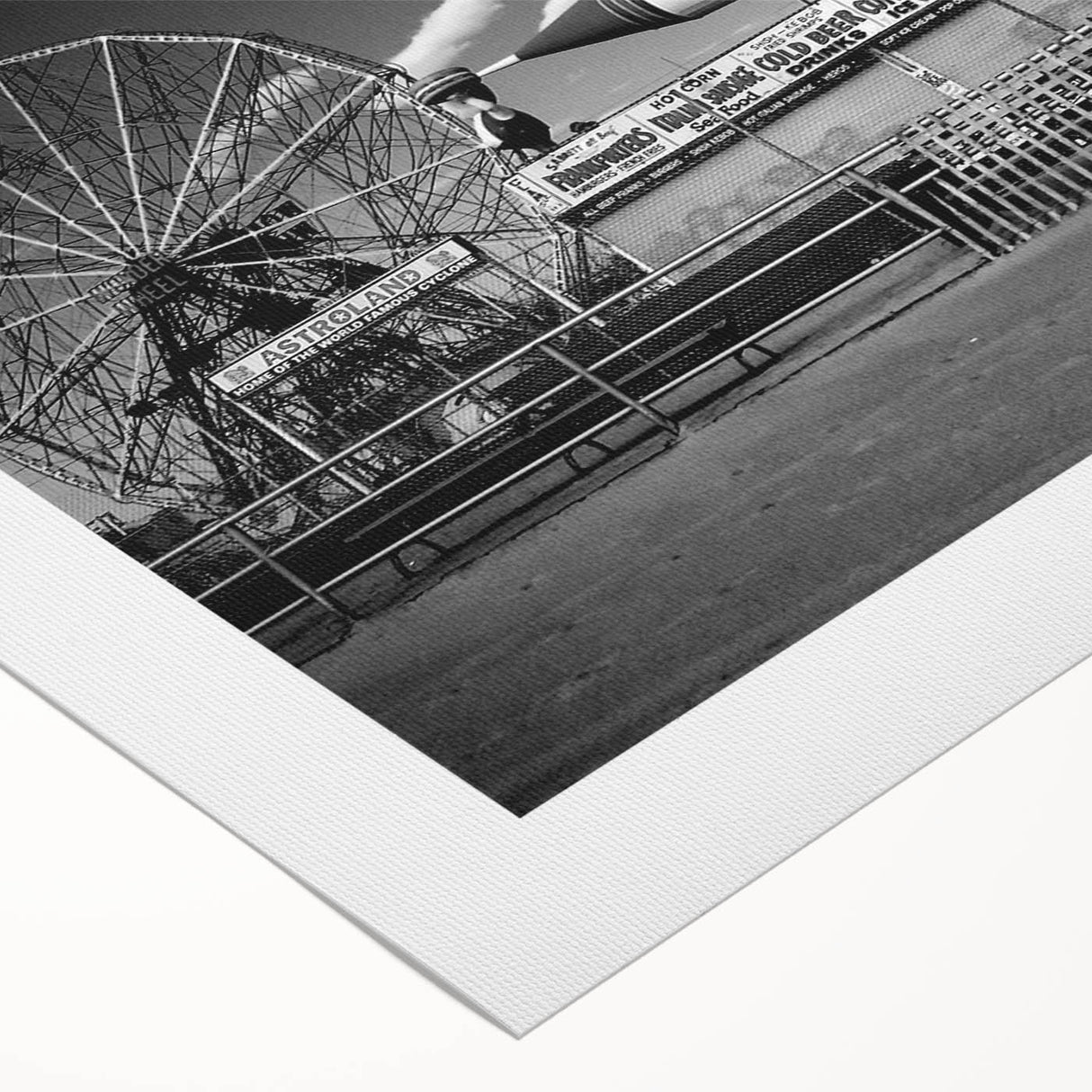 Art deco poster of Coney Island featuring muted pastel colors on rolled canvas, suitable for dining room wall art.