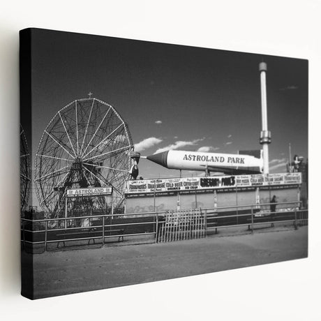 Side view of a stretched canvas featuring Coney Island scene in muted colors, ideal for kitchen wall art.