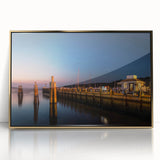 Acrylic print of a mid-century modernist Long Island scenery in gold frame, suitable for modern art wall decor.