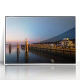 Art deco poster of Long Island scenery on white framed acrylic, featuring soft pastel colors, ideal for nursery wall art.