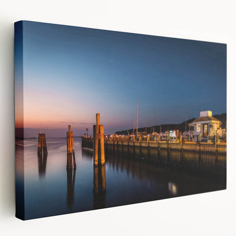 Stretched canvas print of Long Island, NY scenery in muted blue and green tones, ideal for kitchen wall art.