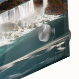 Large abstract depiction of Niagara Falls in muted blue and green tones on acrylic glass, ideal for dining room art.