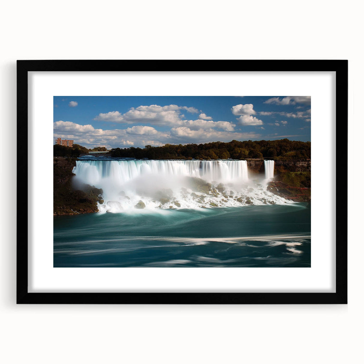 Abstract depiction of Niagara Falls in vibrant blues and greens on a large textured canvas, suited for living room decor.