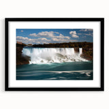 Abstract depiction of Niagara Falls in vibrant blues and greens on a large textured canvas, suited for living room decor.