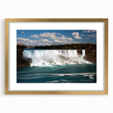 Extra large abstract art print of Niagara Falls in muted blues and greens, framed in gold, ideal for living room decor.