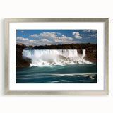 Textured art print depicting an abstract representation of Niagara Falls in muted blue and gray tones on a framed canvas.
