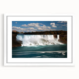 Abstract art print of Niagara Falls in muted blue and white tones on a framed canvas, ideal for dining room decor.