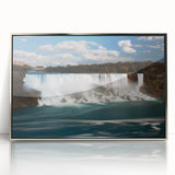 Mid-century modernist art of Niagara Falls in muted blue and gray tones on a framed acrylic, ideal for modern art wall decor.