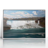 Acrylic print of Niagara Falls in art deco style, with muted blue and white tones, ideal for modern nursery wall decor.