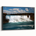 Vintage poster art of Niagara Falls on extra large framed canvas, featuring colorful art against a black background.