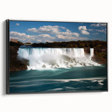 Vintage poster art of Niagara Falls on extra large framed canvas, featuring colorful art against a black background.
