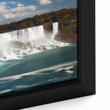 Extra large framed canvas of Niagara Falls with a textured design in black and vibrant colors, ideal for living room decor.