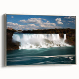 Framed canvas featuring a black and white vintage poster of Niagara Falls, ideal for bedroom wall decor.