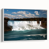 Framed canvas featuring a vintage-style landscape painting of Niagara Falls with vibrant colorful art on a black background.