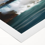 Art Deco poster of Niagara Falls in muted blue and green tones on rolled canvas, suitable for dining room wall art.