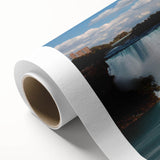 Art Deco poster of Niagara Falls in muted blue and white tones on rolled canvas, ideal for nursery wall art or dining room.