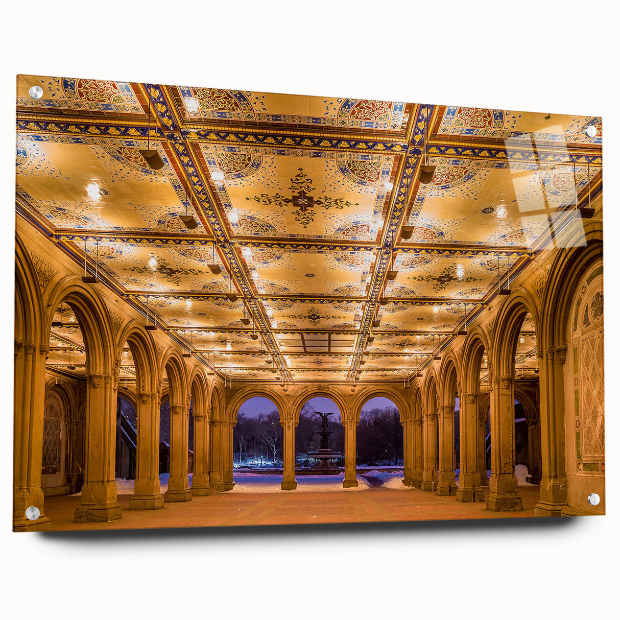 Acrylic print of Central Park in muted green and brown tones, suitable for bedroom or dining room decor.