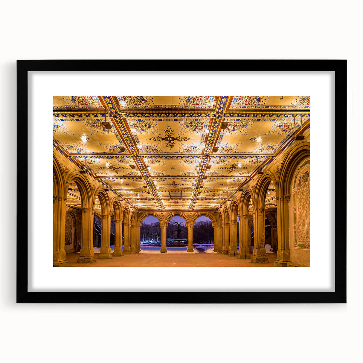Abstract art print of Central Park with vibrant, colorful textures on a large framed canvas, ideal for living room decor.