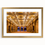 Extra large framed wall art of abstract Central Park scenery in textured gold with vibrant green and blue tones.