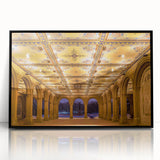 Large abstract wall art of Central Park in muted greens and browns on a black framed acrylic.