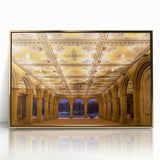 Framed acrylic print of Central Park with autumn trees in gold tones, ideal for modern art wall decor.